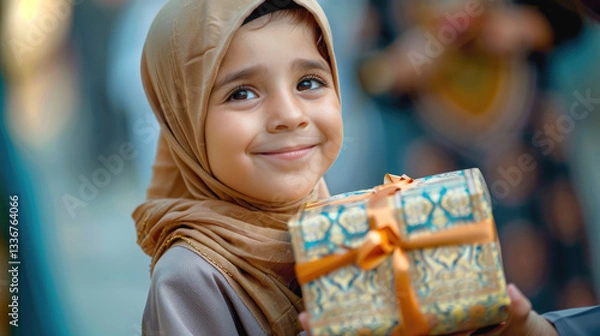 Obraz Smiling child holding beautifully wrapped gift