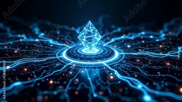 Fototapeta A glowing blue geometric shape radiates electric energy, surrounded by intricate lines, creating a futuristic digital atmosphere.