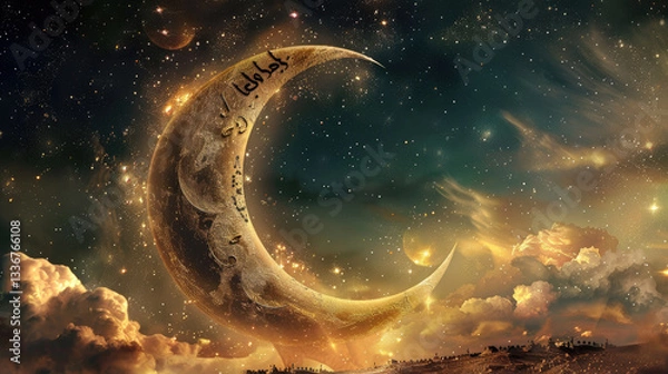 Obraz mystical crescent moon shines brightly starry sky, surrounded by