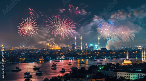 Obraz vibrant city skyline illuminated by fireworks at night