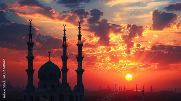 Obraz Majestic sunset over mosque silhouette with vibrant colors