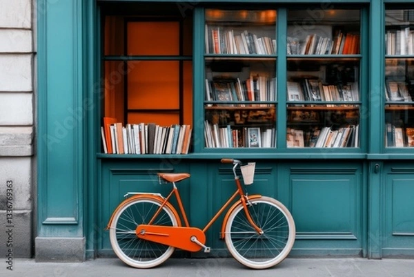 Fototapeta A cozy bookshop nestled on a corner street, with a vintage bicycle leaning against the door and a warm glow from the windows