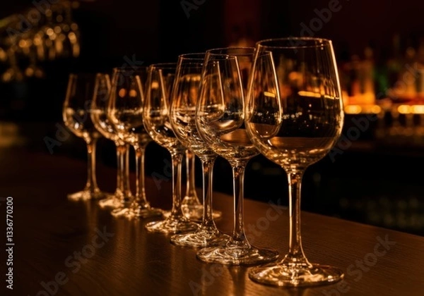 Fototapeta Elegant row of wine glasses illuminated in a dimly lit bar setting