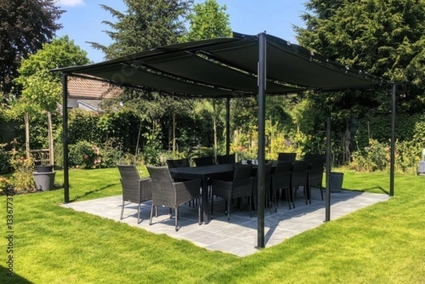 Fototapeta Spacious outdoor dining area with a modern canopy, surrounded by lush greenery in a tranquil garden setting during a sunny day