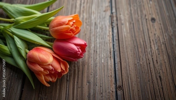 Obraz Red Tulips, Beautiful bouquet of red and pink tulips on wooden background, Picture of three tulips arrangement laying on wooden table with blurred background