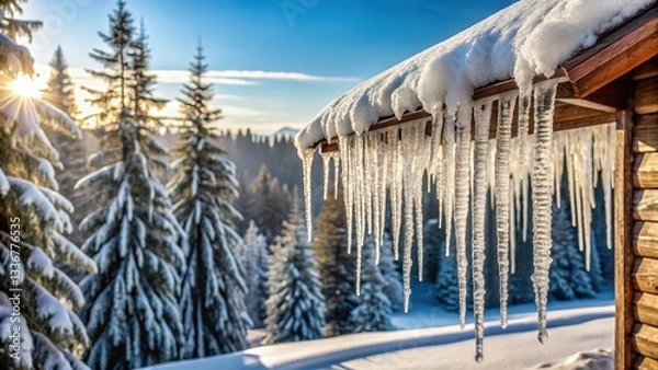 Fototapeta Icicles hanging from a sloping roof with snow covered trees in the background, creating a serene winter landscape , frost