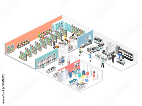 Fototapeta isometric interior shopping mall, grocery, computer, household, equipment store.