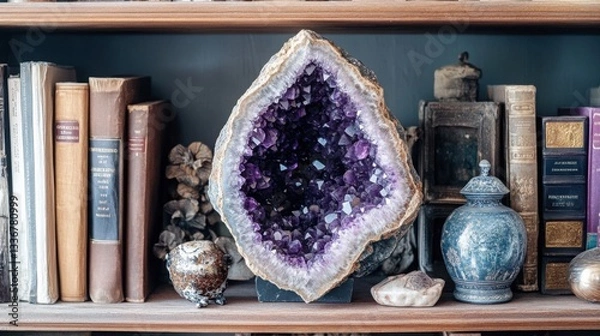 Fototapeta An amethyst geode on a bookshelf, surrounded by books and small decorative items, blending nature and culture