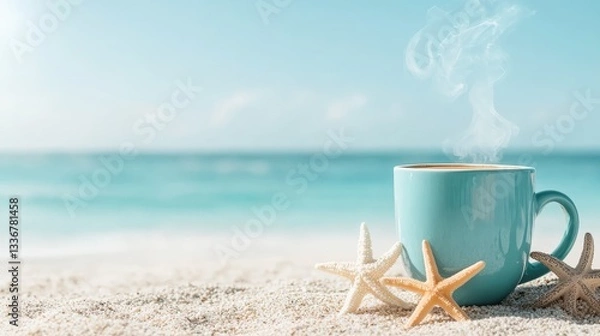 Fototapeta A stunning blue mug of hot coffee is anchored in beach sand alongside starfish, evoking feelings of warmth, relaxation, and beachside serenity under clear skies.