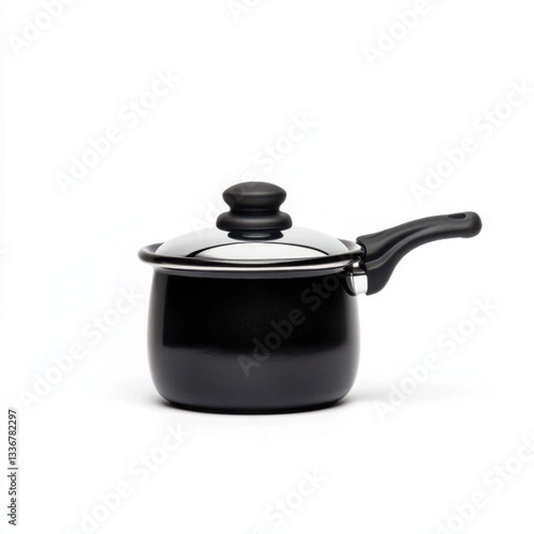 Fototapeta Elegant black pot with a handle designed as a non-stick saucepan in a realistic photography setting providing ample copy space for culinary use and kitchen decor ideas