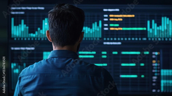 Fototapeta man analyzing data on multiple digital screens in dark room