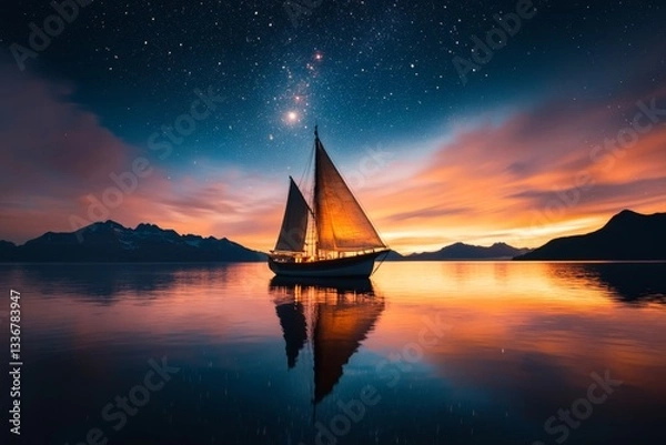 Fototapeta A ship sailing under the night sky, using the Canis Major constellation and its bright star Sirius for navigation