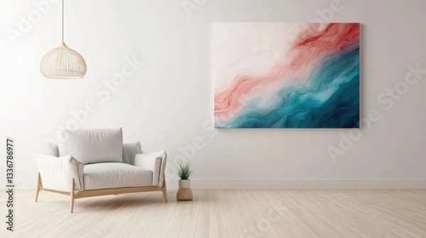 Fototapeta This sophisticated space showcases a white chair beside abstract wall art in shades of red and teal, creating a calming atmosphere perfect for relaxation and inspiration.