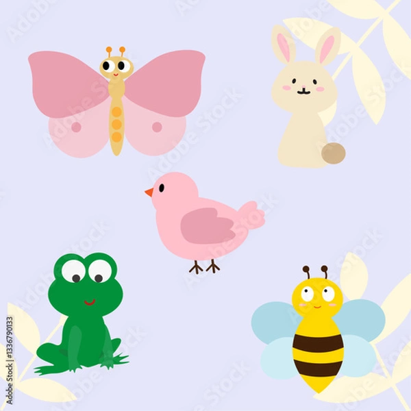 Fototapeta A Joyful Spring with Bunnies, Birds, and Butterflies