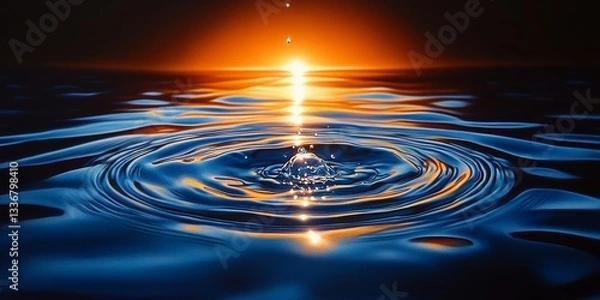 Fototapeta Sunset reflections water droplets creating ripples in tranquil lake serene evening aesthetic nature photography