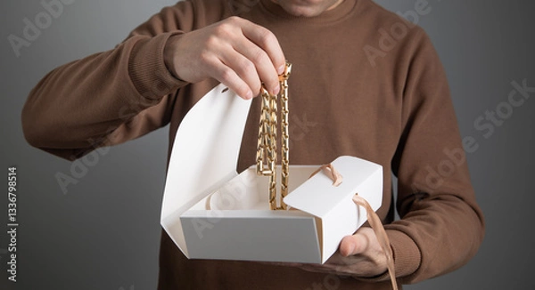 Obraz Man showing gift box with a golden necklace.