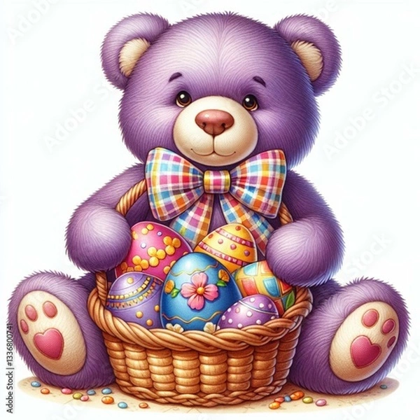 Fototapeta Bear purple holds a basket with Easter eggs.