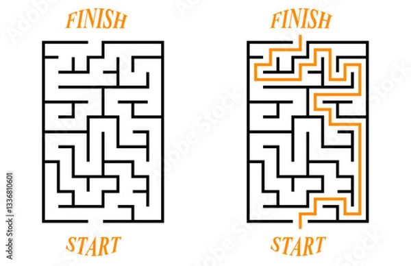 Fototapeta Vector vertical rectangular labyrinth with entry and exit. Difficulty level - easy. Children logic game. Not hard riddle solated on white background for kids and parents with solution