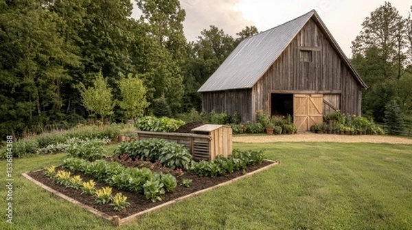 Fototapeta Rustic barn with a lush garden in a serene natural setting.