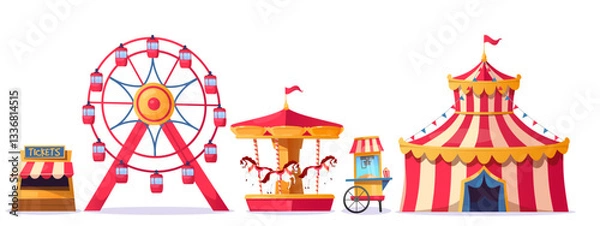 Obraz Colorful amusement park attractions featuring a ferris wheel, carousel, and circus tent isolated on white background. Vector illustration cartoon style elements for festive celebrations and family fun