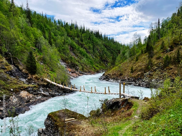 Fototapeta Scenic view of a raging mountain river embedded in a green scenery with trees and a wooden suspension bridge crossing the river in Norway