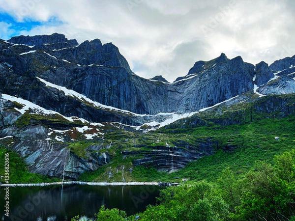 Fototapeta View on a mountain wall behind a lake with small waterfalls and snow embedded in a green scenery