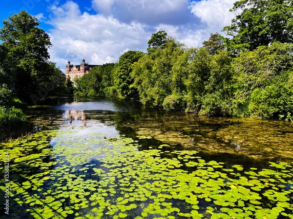 Fototapeta Scenic view of lake covered with water lilies and a castle in the background in Copenhagen