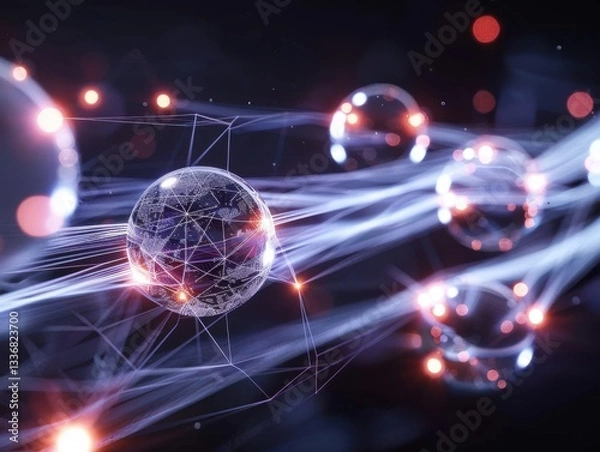Fototapeta Grid computing resource share, spheres exchanging light, minimalist tech aesthetic noise, interconnected mesh network.