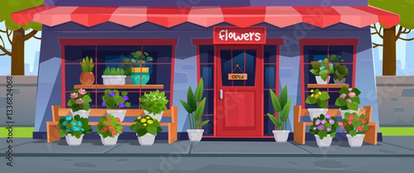 Obraz Cartoon style vector illustration of a flower shop front. Vector storefront facade illustration with flowers in pots and open sign at day time. Flat style flower boutique or store concept for banner.