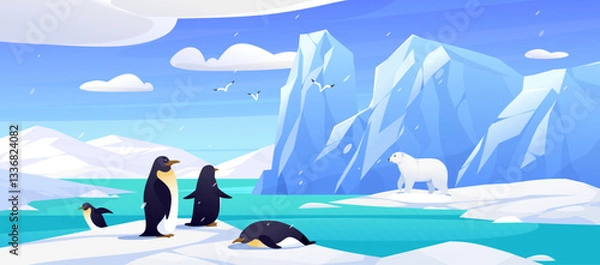 Obraz Cartoon frozen polar scenery with massive ice formations with penguins, polar bear, icebergs and snow. Vector illustration for global warming concept. Melting glaciers against Antarctic rocks. 