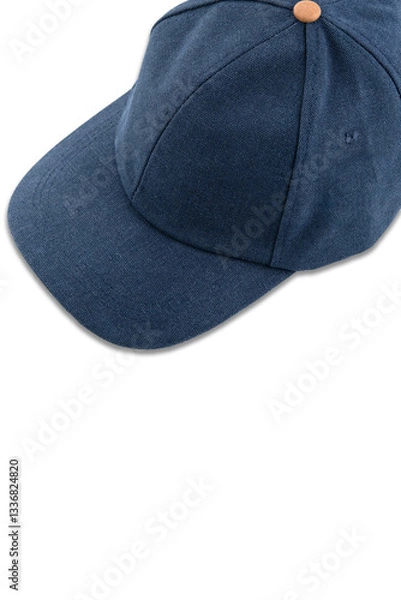 Obraz Blue textile baseball cap with brown button, top view, on white background