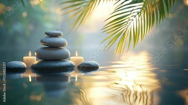 Fototapeta Peaceful Zen scene with stacked stones on calm water, candles, and soft palm tree shadows, perfect for tranquility-themed designs. 