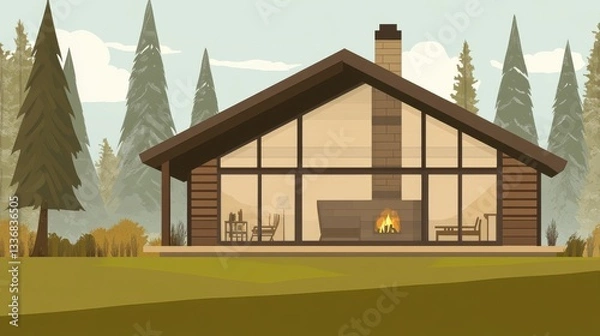 Obraz Modern Rustic Cabin in a Peaceful Forest Setting