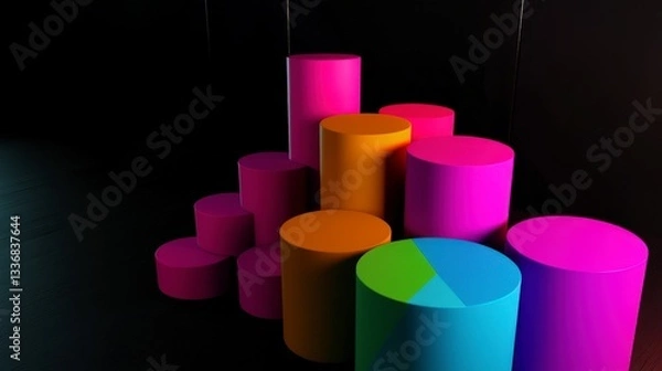Fototapeta Abstract Colorful Cylinders on Dark Background - Modern Geometric Design