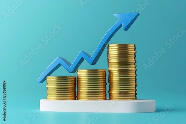 Fototapeta Gold coins on white base with blue upward arrow for financial growth