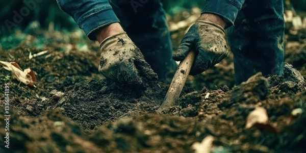Obraz A man is digging in the dirt with a shovel