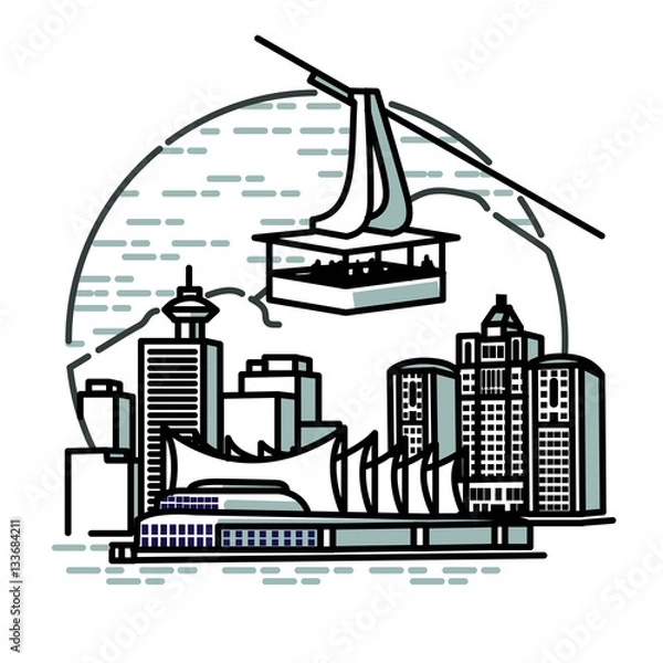 Fototapeta Skytram hovers over a circular vancouver city with buildings the pacific center, dock and shoreline structures & a large mountain behind
