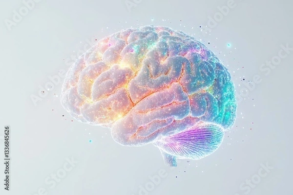 Fototapeta A digital illustration of a human brain with colorful sparkles on a white background art concept