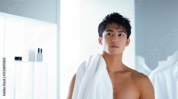 Obraz 白いタオルを肩から掛ける男性