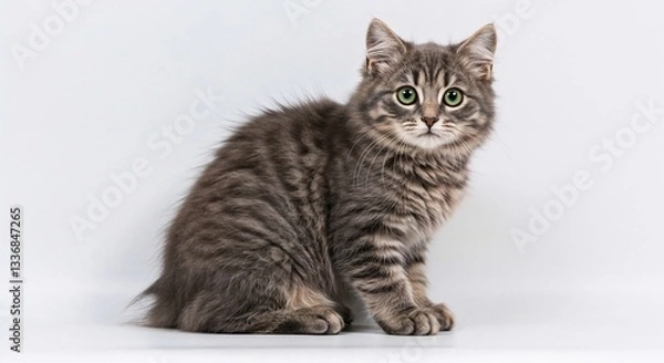 Obraz Cute gray tabby cat sitting on white background