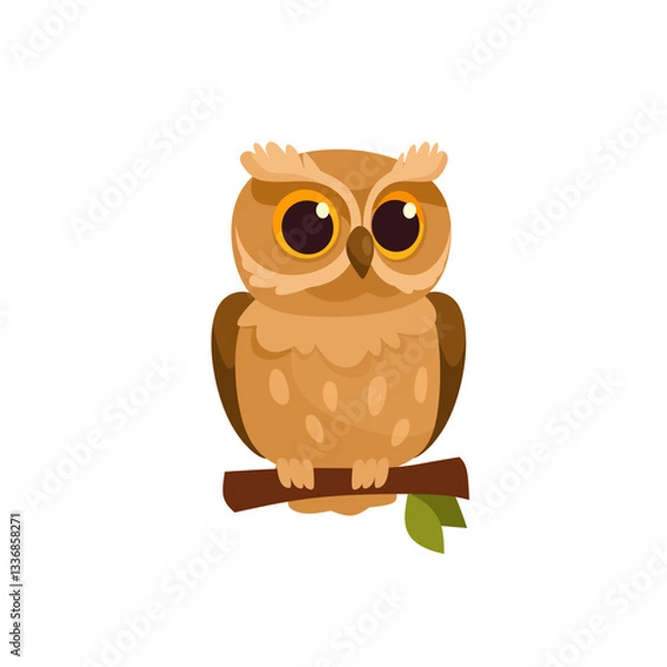 Obraz Charming cartoon owl perched on a branch. Cute owl character illustration for children's illustrations, nature-themed design, logo. Cartoon vector owl icon isolated on white background