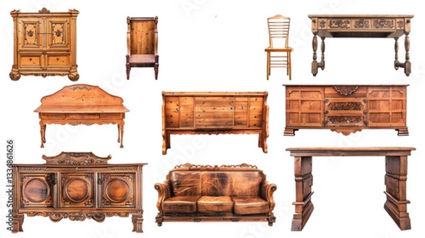Obraz Set of antique wooden furniture isolated on transparent background