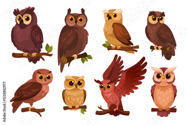 Obraz Set of cartoon owls in flat design. Collection of various owl species. Stylized forest birds perched on branches, including owls and eagle-owls, isolated on a white background. Vector illustration.