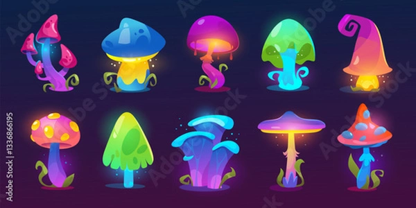Obraz Set of fantasy glowing mushrooms and magical plants. Collection of luminous fungi, toadstools, and alien flora with neon light effects for fairy tale, sci-fi, fantasy themes. Vector illustration
