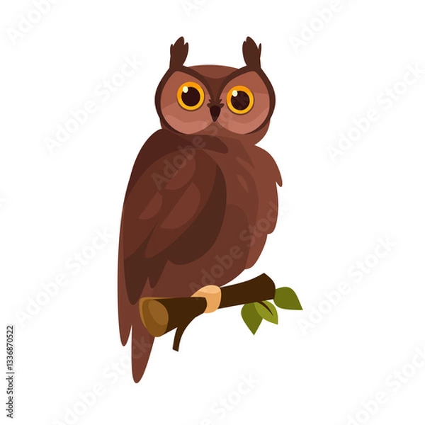 Obraz Charming cartoon owl perched on a branch. Cute owl character illustration for children's illustrations, nature-themed design, logo. Cartoon vector owl icon isolated on white background