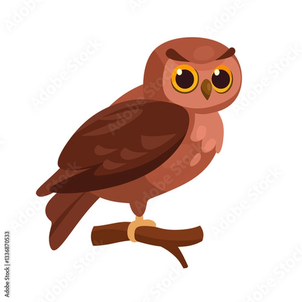 Obraz Charming cartoon owl perched on a branch. Cute owl character illustration for children's illustrations, nature-themed design, logo. Cartoon vector owl icon isolated on white background