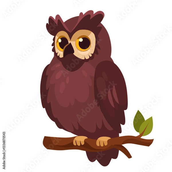 Obraz Charming cartoon owl perched on a branch. Cute owl character illustration for children's illustrations, nature-themed design, logo. Cartoon vector owl icon isolated on white background