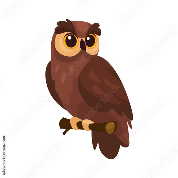 Obraz Charming cartoon owl perched on a branch. Cute owl character illustration for children's illustrations, nature-themed design, logo. Cartoon vector owl icon isolated on white background