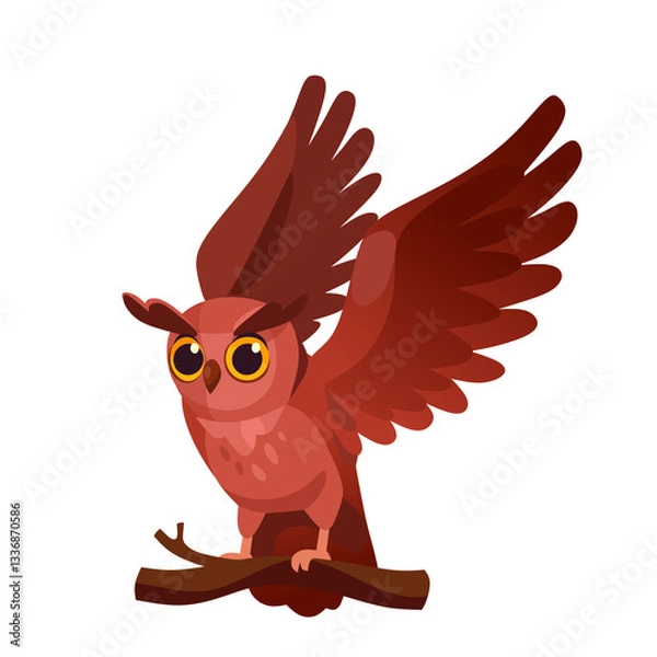Obraz Charming cartoon owl perched on a branch. Cute owl character illustration for children's illustrations, nature-themed design, logo. Cartoon vector owl icon isolated on white background