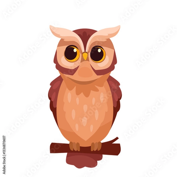 Obraz Charming cartoon owl perched on a branch. Cute owl character illustration for children's illustrations, nature-themed design, logo. Cartoon vector owl icon isolated on white background